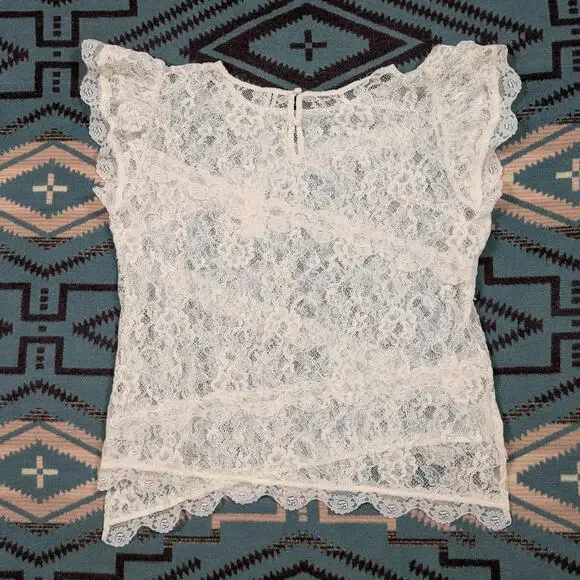 NWT Anthropologie Medium Sheer Lace Short Sleeve White Blouse Fairy Whimsical - Picture 11 of 11